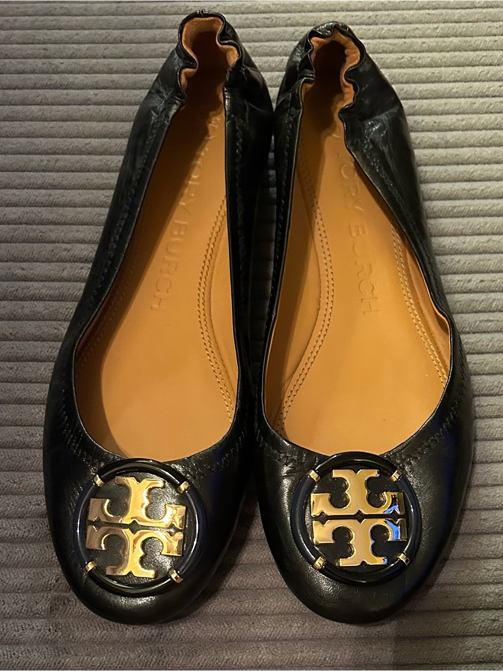 Tory Burch Black Leather Logo Ballet Flats